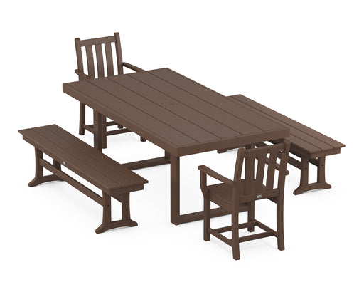 POLYWOOD Traditional Garden 5-Piece Dining Set with Benches in Mahogany
