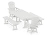 POLYWOOD Nautical Curveback Adirondack Swivel Chair 5-Piece Farmhouse Dining Set With Trestle Legs and Benches in White