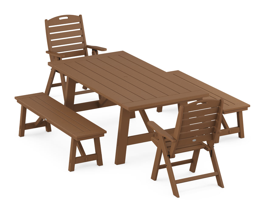 POLYWOOD Nautical Highback 5-Piece Rustic Farmhouse Dining Set With Trestle Legs in Teak