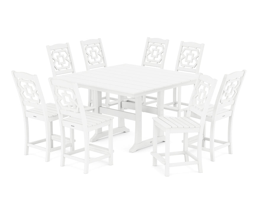 Martha Stewart by POLYWOOD Chinoiserie 9-Piece Square Farmhouse Side Chair Counter Set with Trestle Legs in White
