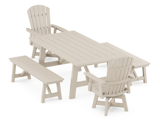 POLYWOOD Nautical Curveback Adirondack Swivel Chair 5-Piece Rustic Farmhouse Dining Set With Benches in Sand