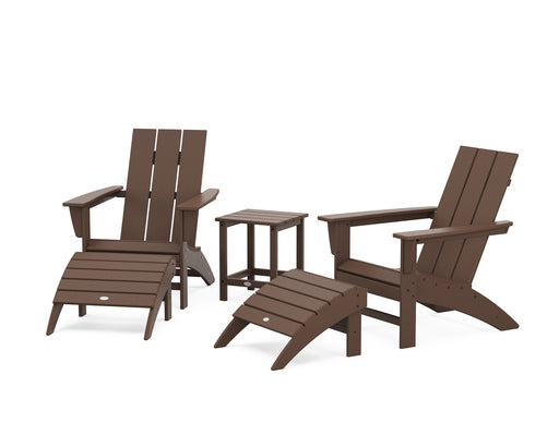 POLYWOOD Modern Adirondack Chair 5-Piece Set with Ottomans and 18" Side Table in Mahogany