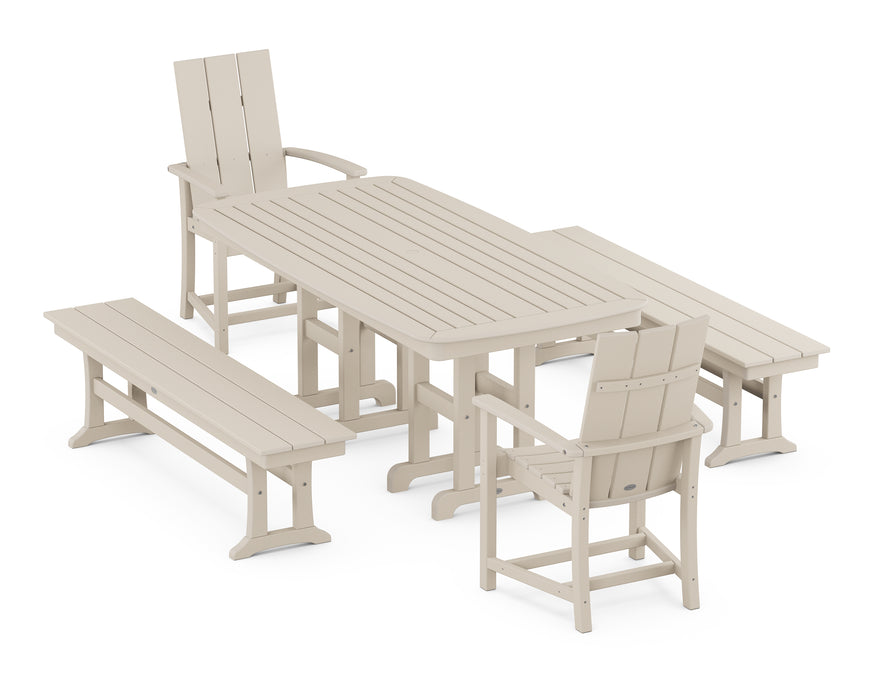 POLYWOOD Modern Adirondack 5-Piece Farmhouse Dining Set with Benches in Sand
