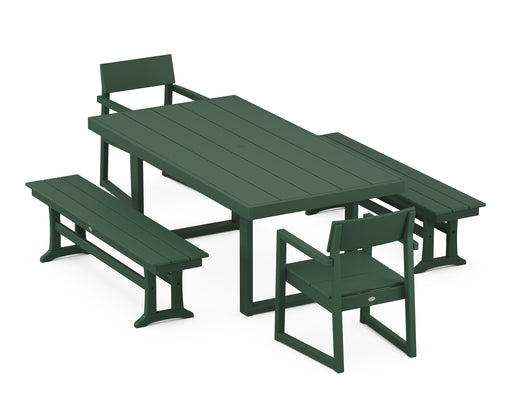 POLYWOOD EDGE 5-Piece Dining Set with Benches in Green