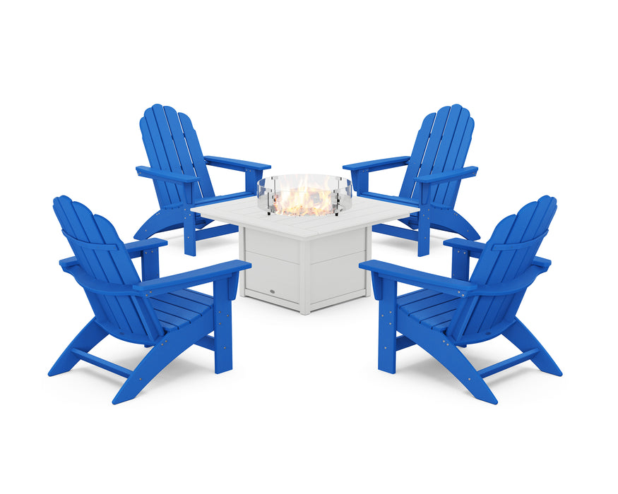 POLYWOOD® 5-Piece Vineyard Grand Adirondack Conversation Set with Fire Pit Table in Pacific Blue / White