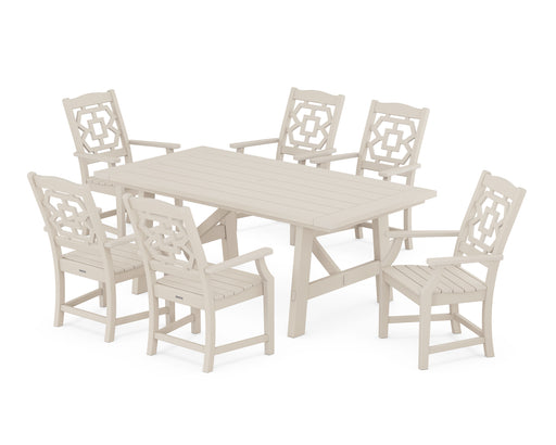 Martha Stewart by POLYWOOD Chinoiserie Arm Chair 7-Piece Rustic Farmhouse Dining Set in Sand
