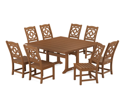Martha Stewart by POLYWOOD Chinoiserie 9-Piece Square Farmhouse Side Chair Dining Set with Trestle Legs in Teak