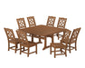 Martha Stewart by POLYWOOD Chinoiserie 9-Piece Square Farmhouse Side Chair Dining Set with Trestle Legs in Teak