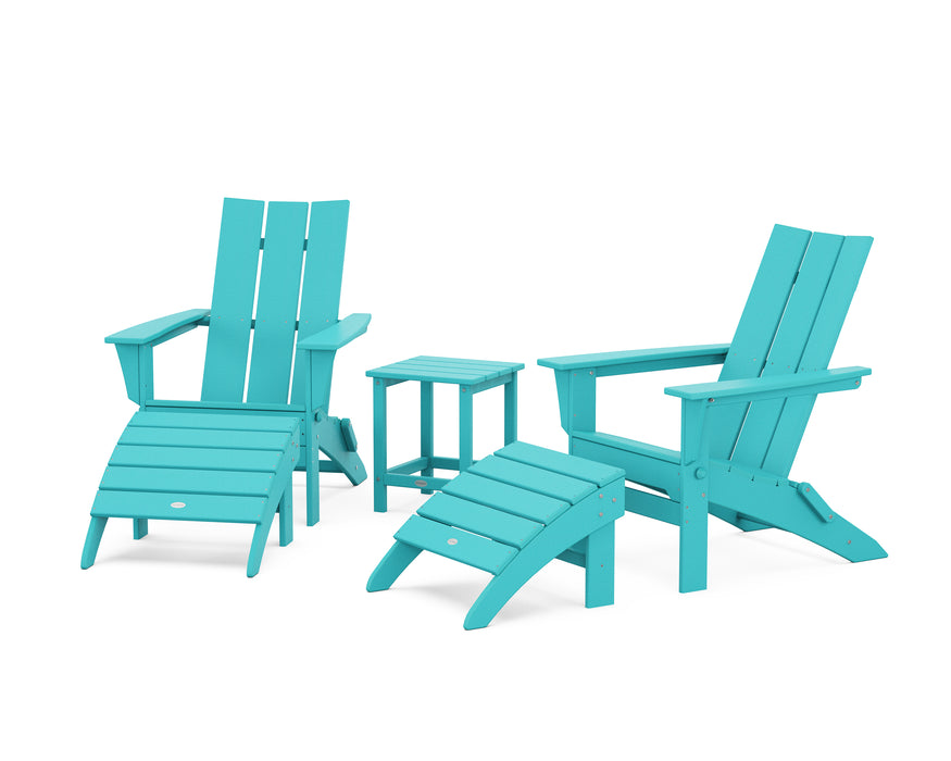 POLYWOOD Modern Folding Adirondack Chair 5-Piece Set with Ottomans and 18" Side Table in Lime