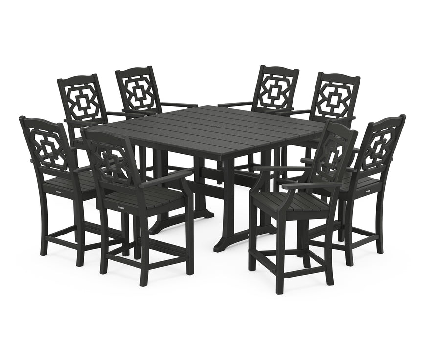 Martha Stewart by POLYWOOD Chinoiserie 9-Piece Square Farmhouse Counter Set with Trestle Legs in Black