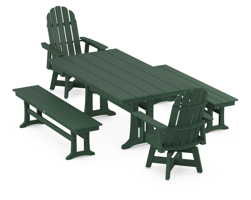 POLYWOOD Vineyard Curveback Adirondack Swivel Chair 5-Piece Farmhouse Dining Set With Trestle Legs and Benches in Green