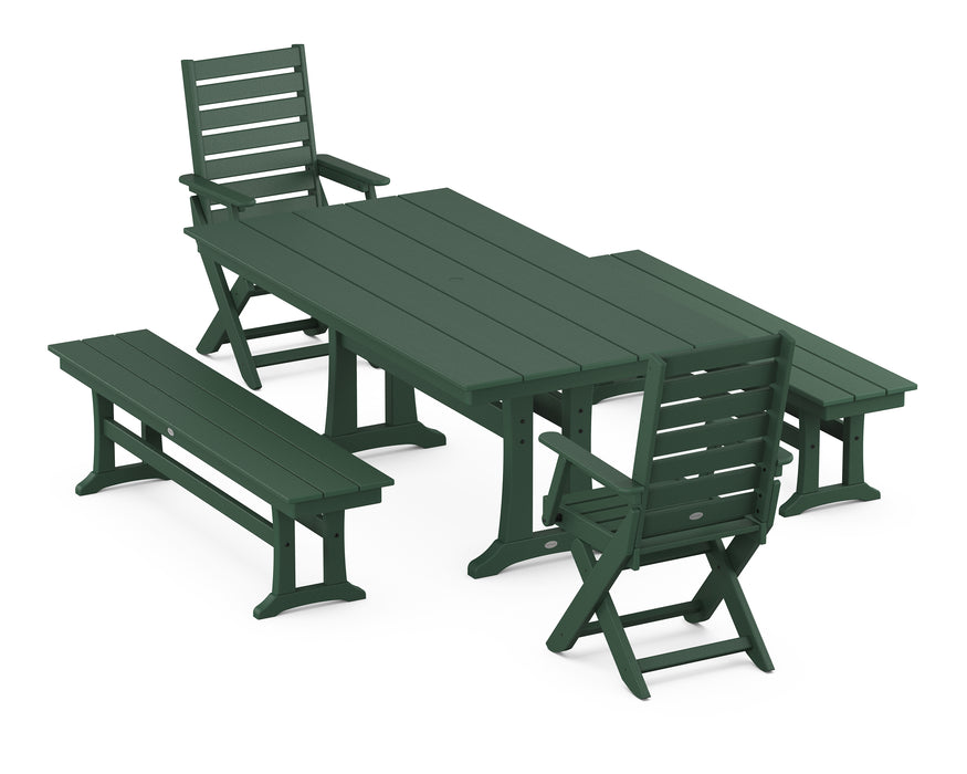 POLYWOOD Captain 5-Piece Farmhouse Dining Set With Trestle Legs in Green