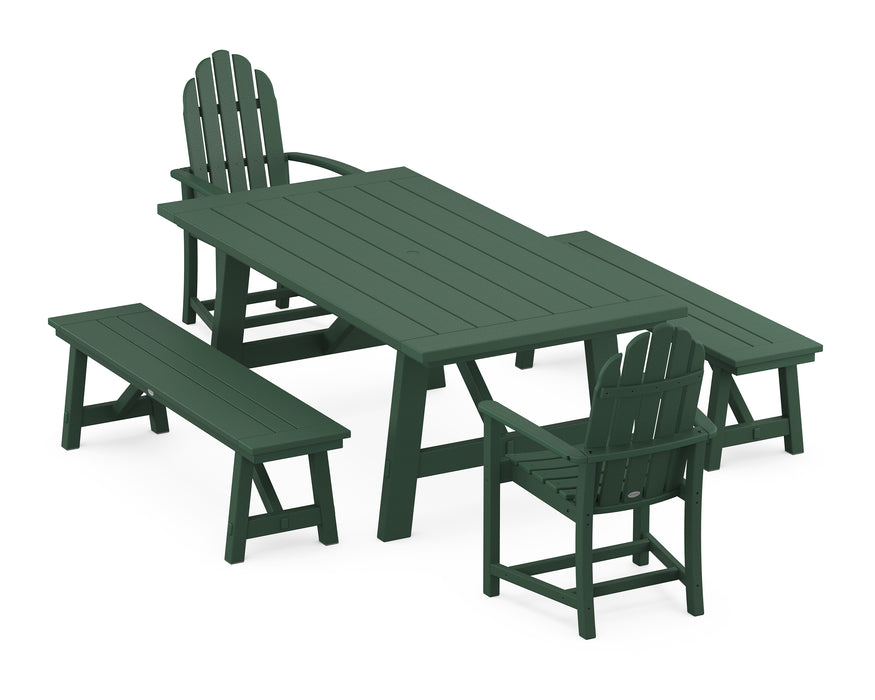 POLYWOOD Classic Adirondack 5-Piece Rustic Farmhouse Dining Set With Benches in Green