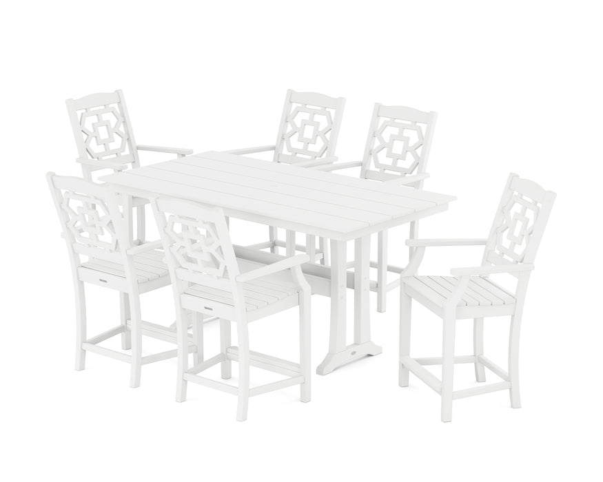 Martha Stewart by POLYWOOD Chinoiserie Arm Chair 7-Piece Farmhouse Counter Set with Trestle Legs in White