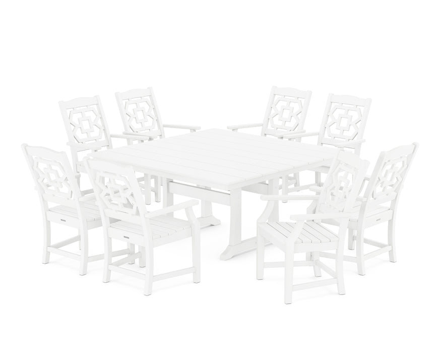 Martha Stewart by POLYWOOD Chinoiserie 9-Piece Square Farmhouse Dining Set with Trestle Legs in White
