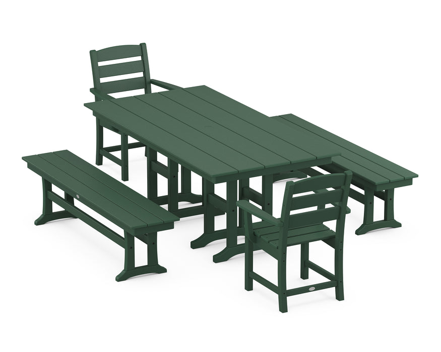 POLYWOOD Lakeside 5-Piece Farmhouse Dining Set with Benches in Green