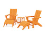POLYWOOD Modern Curveback Adirondack Chair 5-Piece Set with Ottomans and 18" Side Table in Tangerine