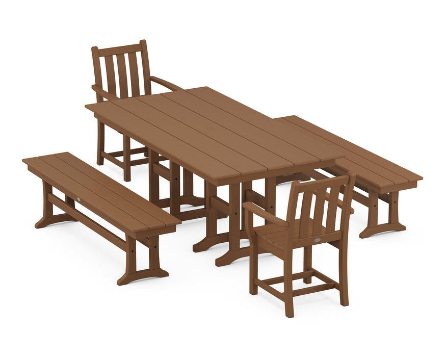 POLYWOOD Traditional Garden 5-Piece Farmhouse Dining Set with Benches in Teak