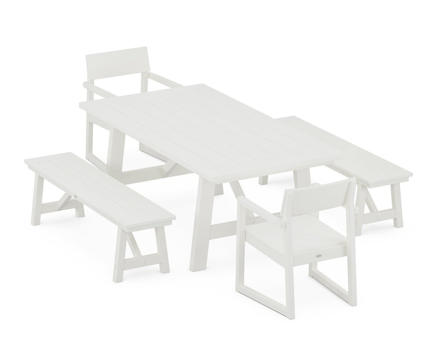 POLYWOOD EDGE 5-Piece Rustic Farmhouse Dining Set With Benches in Vintage White