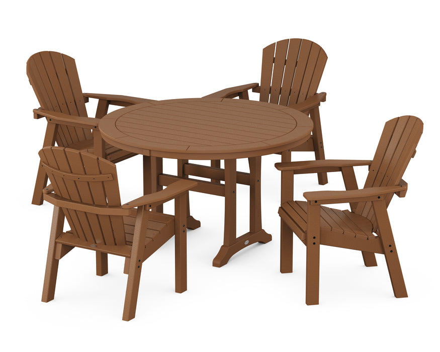 POLYWOOD Seashell 5-Piece Round Dining Set with Trestle Legs in Teak