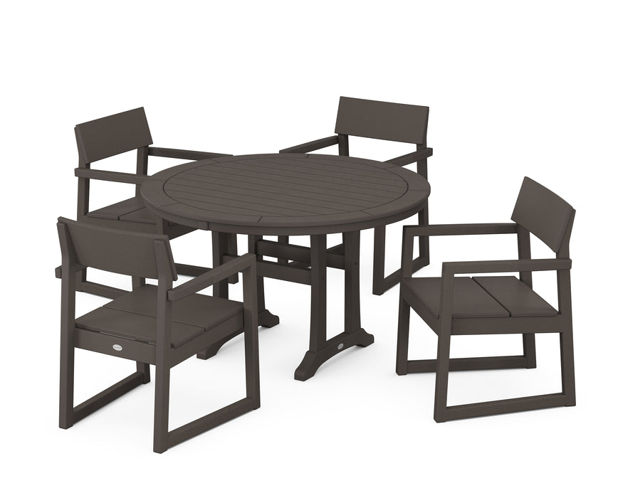POLYWOOD EDGE 5-Piece Round Dining Set with Trestle Legs in Vintage Coffee
