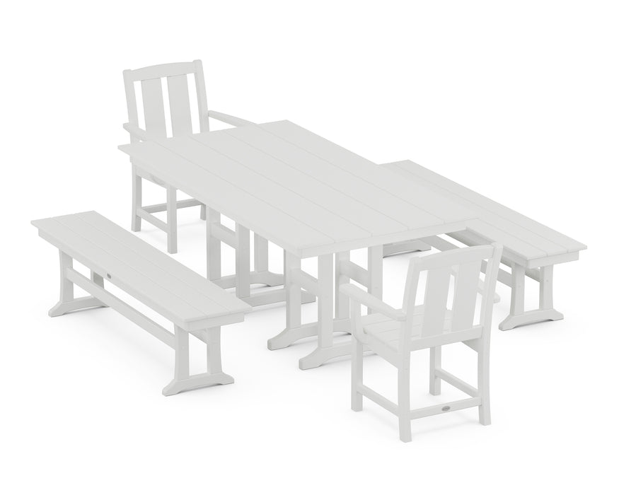 POLYWOOD® Mission 5-Piece Farmhouse Dining Set with Benches in White
