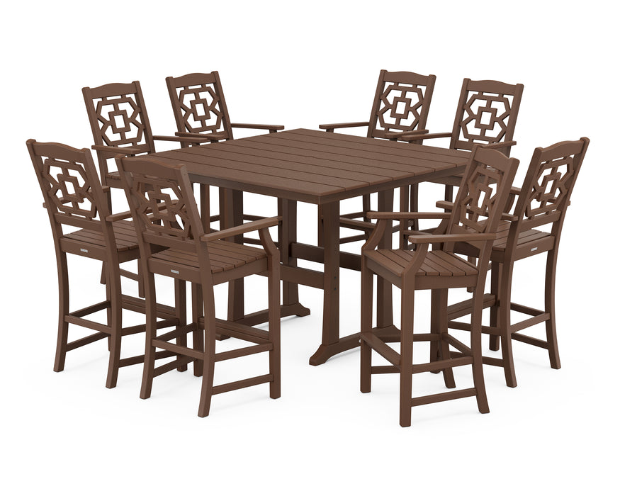 Martha Stewart by POLYWOOD Chinoiserie 9-Piece Square Farmhouse Bar Set with Trestle Legs in Mahogany