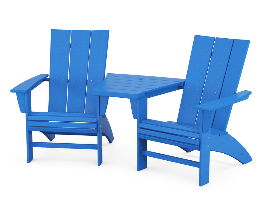POLYWOOD Modern 3-Piece Curveback Adirondack Set with Angled Connecting Table in Pacific Blue
