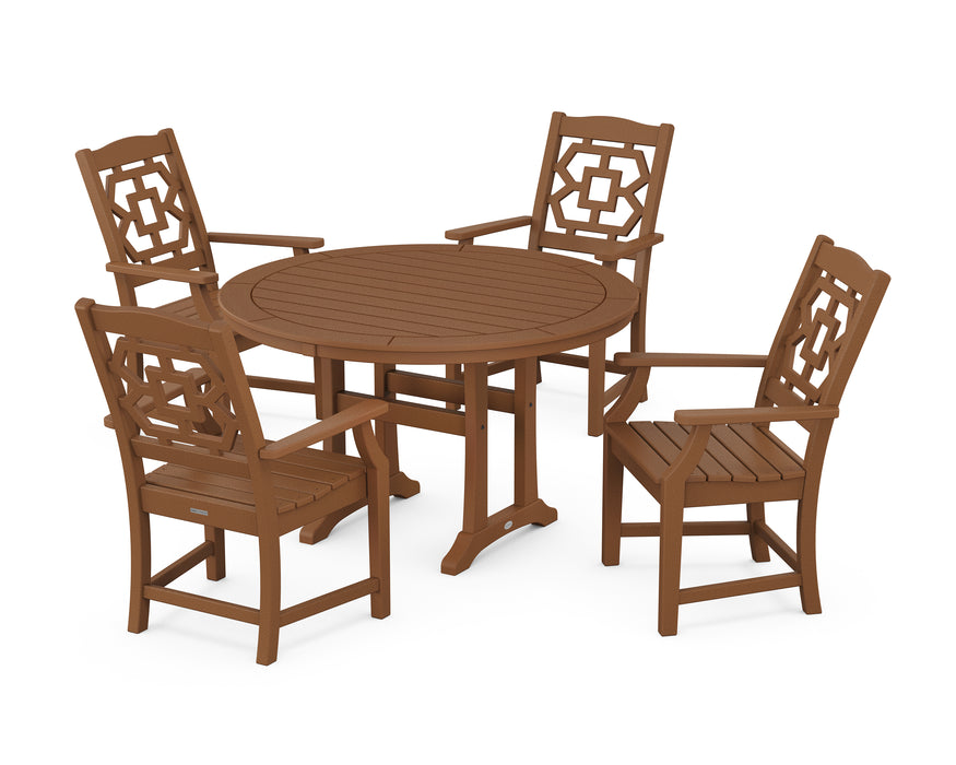 Martha Stewart by POLYWOOD Chinoiserie 5-Piece Round Dining Set with Trestle Legs in Teak