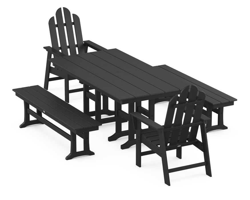 POLYWOOD Long Island 5-Piece Farmhouse Dining Set with Benches in Black