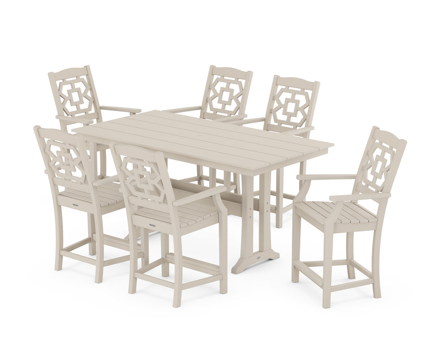 Martha Stewart by POLYWOOD Chinoiserie Arm Chair 7-Piece Farmhouse Counter Set with Trestle Legs in Sand
