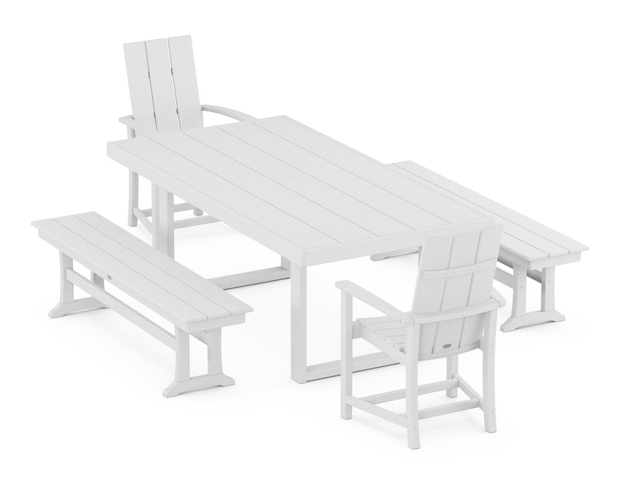POLYWOOD Modern Adirondack 5-Piece Dining Set with Benches in White