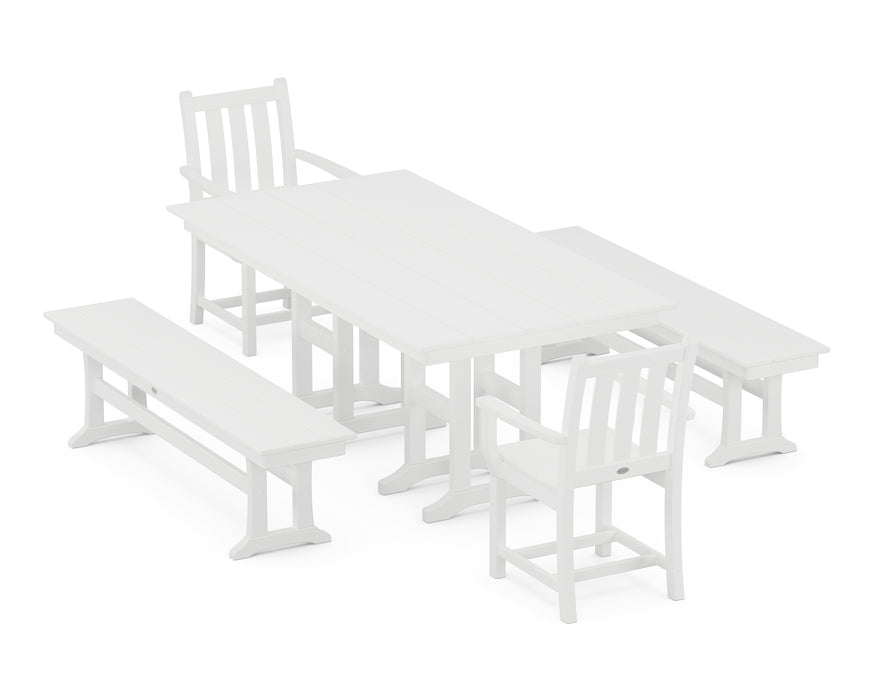 POLYWOOD Traditional Garden 5-Piece Farmhouse Dining Set with Benches in White