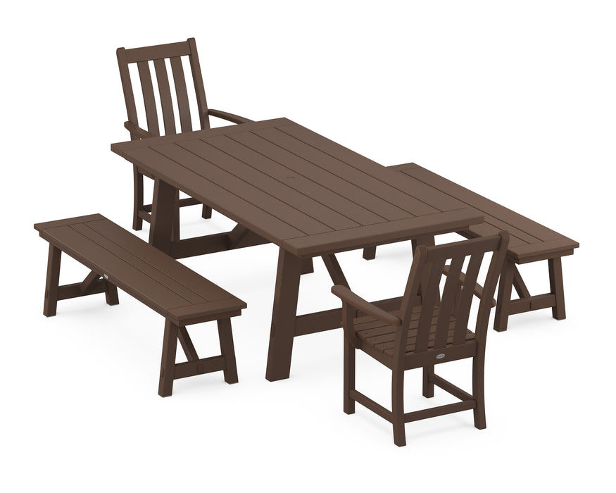 POLYWOOD Vineyard 5-Piece Rustic Farmhouse Dining Set With Trestle Legs in Mahogany
