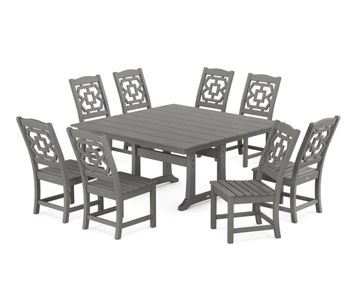 Martha Stewart by POLYWOOD Chinoiserie 9-Piece Square Farmhouse Side Chair Dining Set with Trestle Legs in Slate Grey
