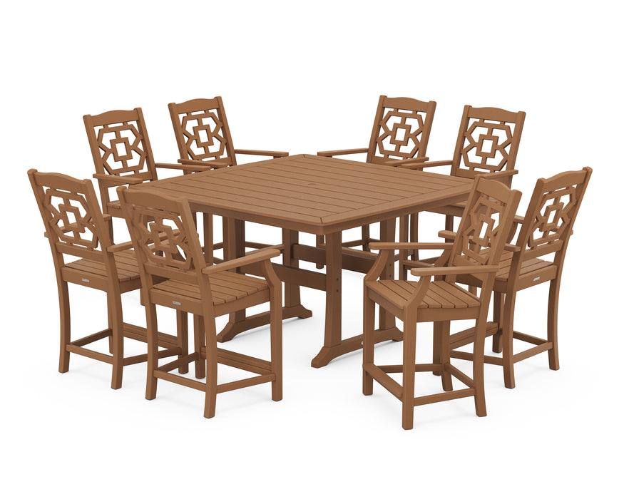 Martha Stewart by POLYWOOD Chinoiserie 9-Piece Square Counter Set with Trestle Legs in Teak
