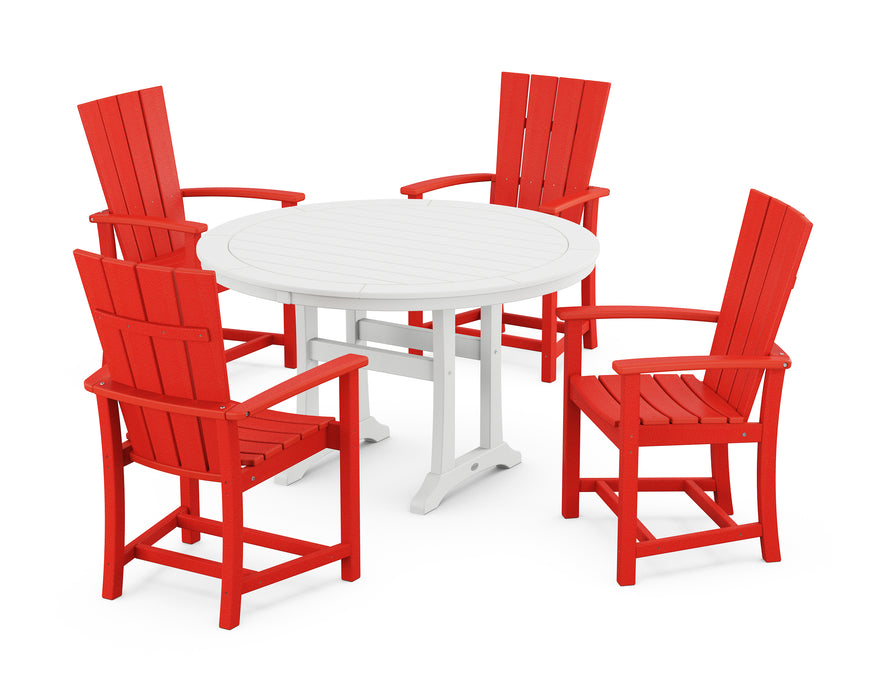 POLYWOOD Quattro 5-Piece Round Dining Set with Trestle Legs in Sunset Red