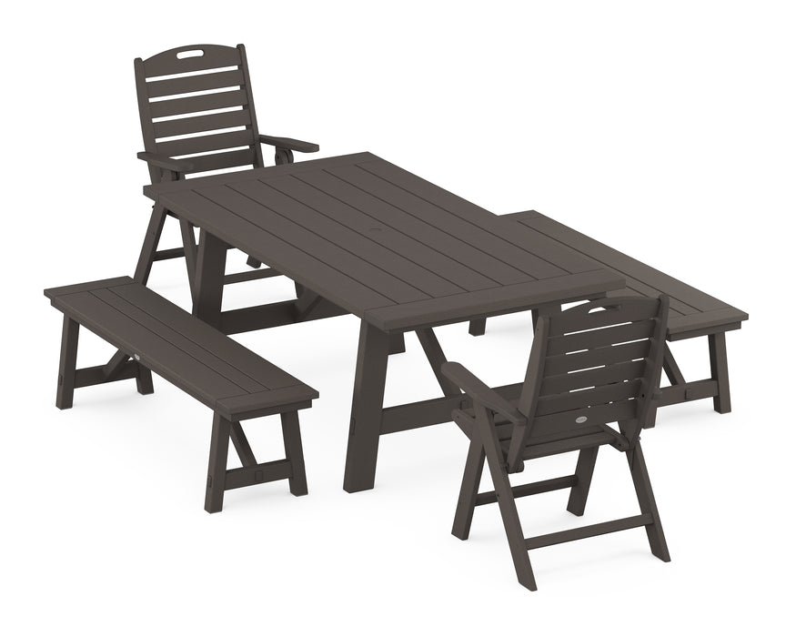 POLYWOOD Nautical Highback 5-Piece Rustic Farmhouse Dining Set With Trestle Legs in Vintage Coffee