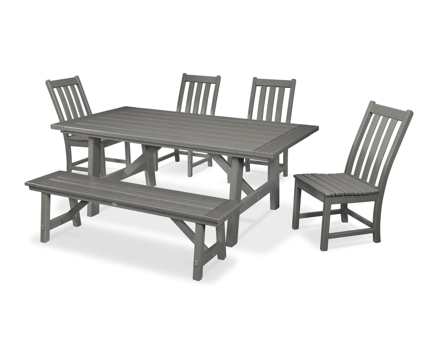 POLYWOOD Vineyard 6-Piece Rustic Farmhouse Side Chair Dining Set with Bench in Slate Grey