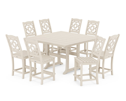 Martha Stewart by POLYWOOD Chinoiserie 9-Piece Square Farmhouse Side Chair Counter Set with Trestle Legs in Sand