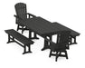 POLYWOOD Nautical Curveback Adirondack Swivel Chair 5-Piece Farmhouse Dining Set With Trestle Legs and Benches in Black