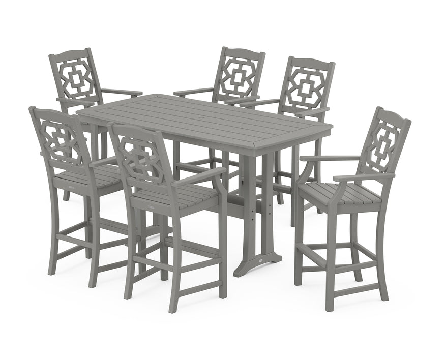 Martha Stewart by POLYWOOD Chinoiserie Arm Chair 7-Piece Bar Set with Trestle Legs in Slate Grey