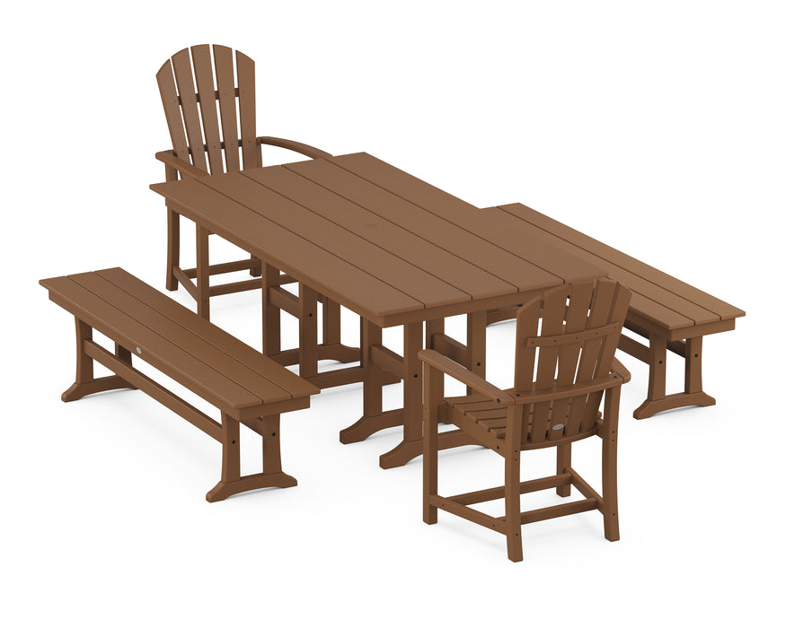 POLYWOOD® Palm Coast 5-Piece Farmhouse Dining Set with Benches in Teak