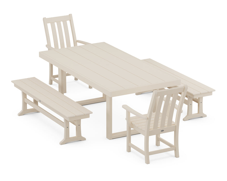 POLYWOOD Vineyard 5-Piece Dining Set with Benches in Sand