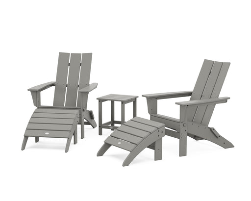 POLYWOOD Modern Folding Adirondack Chair 5-Piece Set with Ottomans and 18" Side Table in Slate Grey