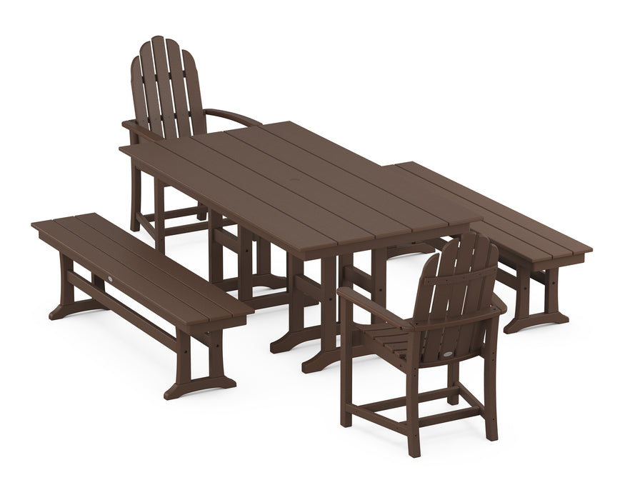 POLYWOOD Classic Adirondack 5-Piece Farmhouse Dining Set with Benches in Mahogany