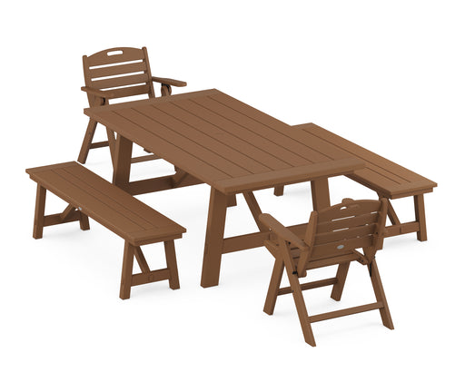 POLYWOOD Nautical Lowback 5-Piece Rustic Farmhouse Dining Set With Trestle Legs in Teak