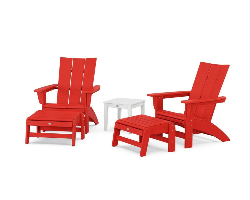 POLYWOOD® 5-Piece Modern Grand Adirondack Set with Ottomans and Side Table in Sunset Red / White