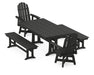 POLYWOOD Vineyard Curveback Adirondack Swivel Chair 5-Piece Farmhouse Dining Set With Trestle Legs and Benches in Black