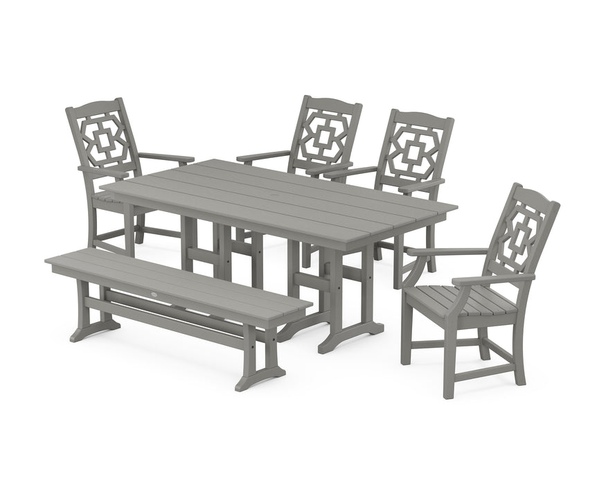 Martha Stewart by POLYWOOD Chinoiserie 6-Piece Farmhouse Dining Set with Bench in Slate Grey